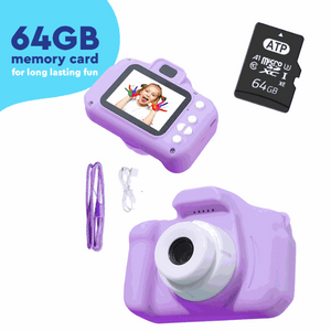 LittleLens Kids Camera in purple with 64GB memory card, USB cable, lanyard, and screen showing childโs photo.