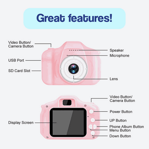 Pink LittleLens Kids Camera with lens, screen, buttons, USB port, SD card slot, speaker, and microphone features.