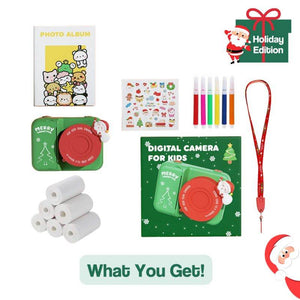 Kids instant print camera Christmas edition with markers, thermal paper rolls, stickers, photo album, and lanyard bundle