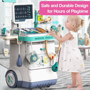 Child playing with Little Doctor Adventure Play Kit medical trolley with lights and sounds
