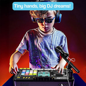 Child playing with MixMaster Junior DJ Console wearing headphones and sunglasses with colorful lights and microphone.