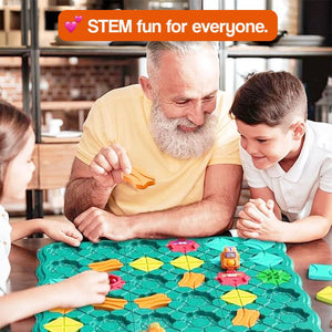 Build-A-Path Logic Puzzle with bulldozer, track pieces, and challenge cards for kids STEM learning