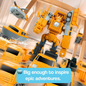 Click & Snap Magnetic Transformer Construction Set showing colorful magnetic building pieces assembled into vehicles and a robot toy
