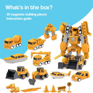 Click & Snap Magnetic Transformer Construction Set with movable robot and vehicle models for STEM play