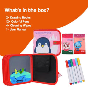 MagicWipe reusable mess-free drawing book with colorful pens and cleaning wipes for kids' creative learning