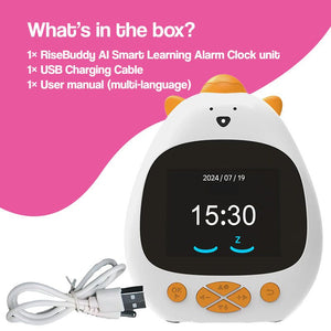 AI powered RiseBuddy smart learning alarm clock with colorful touchscreen and cheerful design for kids
