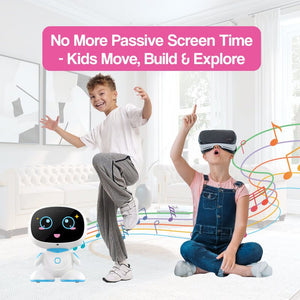 Child playing with AI robot and VR headset for immersive learning and exploration