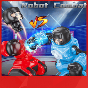 Remote control interactive robot toys in red and blue engaged in a boxing match with animated lightning effects and headgear helmets.