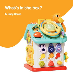 Montessori Busy House toy with interactive buttons, switches, and colorful shapes for toddler fine motor skills development