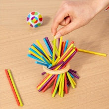 Natural wood Pick-Up Sticks game set for interactive parent-child brain training and fun learning.