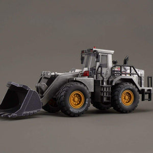 Set of alloy engineering vehicle toys including loader, road roller, forklift, and bulldozer for kids aged 4-6 years