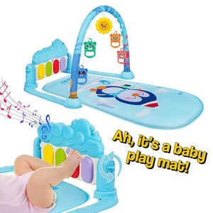 Baby Foot-Piano Fitness Rack with hanging rattles and soft play mat for newborns and toddlers engaging in early learning and motor skills development