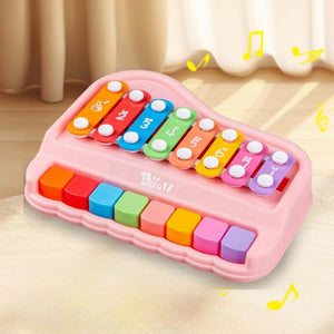 Colorful kids wooden eight-tone percussion xylophone educational toy with mallets on white background