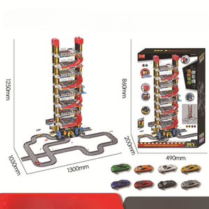 Smart City Parking Garage toy set with 9 layers, race cars, and road track for kids' interactive play and racing adventures