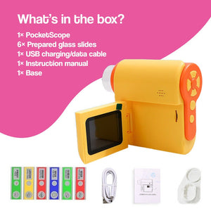 3-in-1 PocketScope handheld digital microscope with built-in screen, camera, and LED light for kids exploration