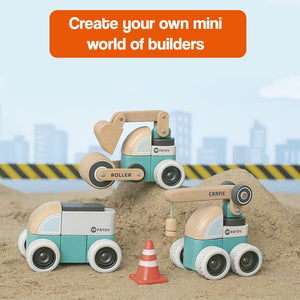 Wooden Montessori vehicle snap-together construction set with silicone wheels and natural rubberwood pieces for kids aged 3+