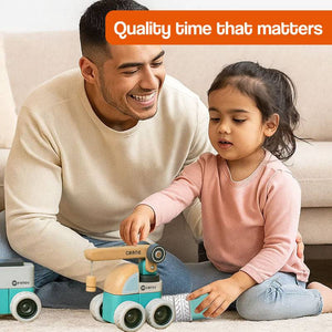 Wooden Montessori vehicle set with snap-together natural rubberwood pieces and silicone wheels for quiet play