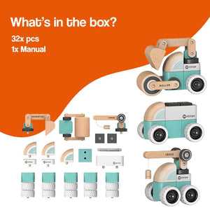 Wooden Montessori vehicle set with snap-together natural rubberwood pieces and silicone wheels for quiet indoor play