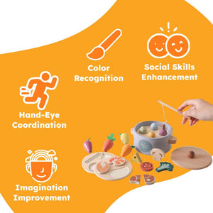 Little Chef Montessori healthy cooking set with wooden veggies, utensils, and number fish for educational pretend play.