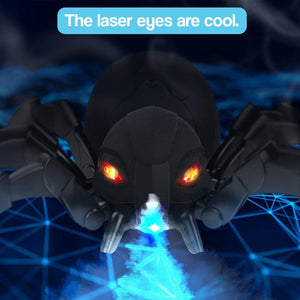 remote control spider toy with fog, red glowing eyes, and wireless remote on black background