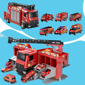 Mega Rescue Water Spray Truck playset with 12 die-cast rescue vehicles, water spraying ladder, lights, sounds, and transforming mission base.