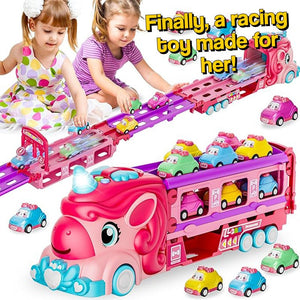 Unicorn Express dual racing truck toy with colorful mini cars and race track for kids ages 3 and up