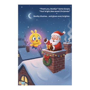Santa and glowing Boolby on snowy rooftop with Christmas lights in children's storybook Boolby Saves Christmas