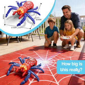 2-in-1 climbing and crawling RC spider toy with remote control and light-up eyes on a white background