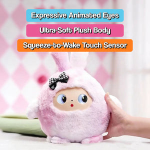 Soft AI Plush Bunny toy with animated emotional eyes and interactive storytelling features for kids ages 3 and up