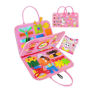 Little Hands & Big Minds Busy Book toddler soft handbag with zippers, buttons, buckles, and movable clock for ages 1-4