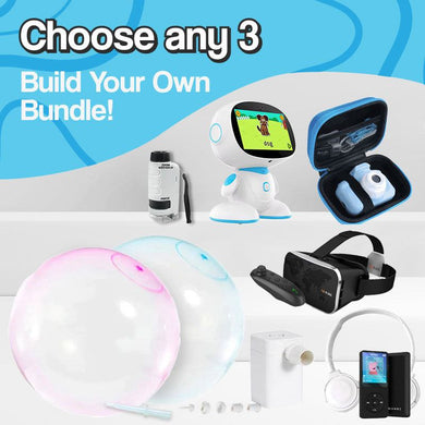 Bestsellers Bundle featuring giant jelly balloon ball, AI robot, VR headset, binoculars, wireless earbuds, and headphones for kids building their own toy set