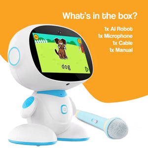 AI-Powered STEM Learning robot with screen, microphone, cable, and manual for kids education and play