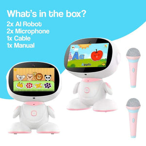 AI-powered STEM learning robot with interactive screen and two pink microphones educational toy for kids