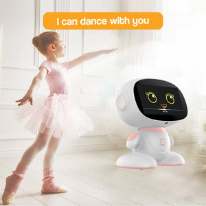 AI-powered STEM learning robot dancing with young girl in ballet outfit