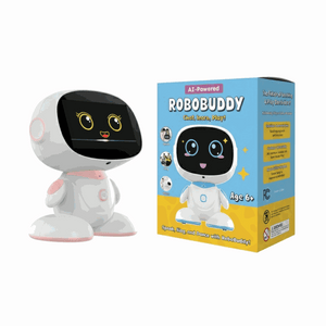 AI-powered STEM learning robot Robobuddy for kids age 6+ with interactive chat, karaoke, dance, and educational apps in Halloween-themed packaging