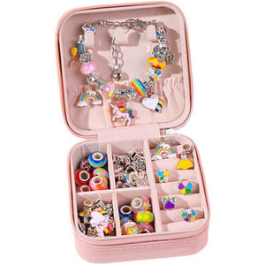 Kids bracelet-making kit with colorful beads and charms in a pink storage case