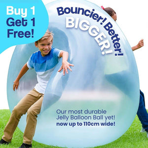 Children playing outdoors inside large transparent Giant Jelly Balloon Ball promoting active fun and cooperative play with buy one get one free offer