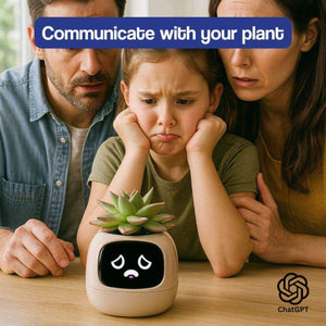 AI GrowBuddy smart plant care system with expressive face and sensors in child-friendly design