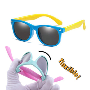 Colorful kids polarized sunglasses with flexible, unbreakable rubber frames designed for UV protection and lightweight comfort