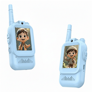 Blue kids walkie talkie with cartoon character display, two-way communication device for children.