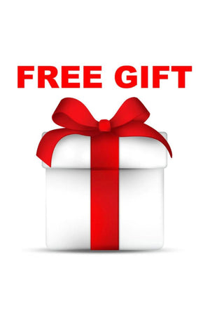 White gift box with red ribbon and bow labeled Surprise Free Gift