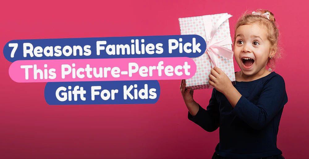 Excited child holding a wrapped present with text "7 Reasons Families Pick This Picture-Perfect Gift For Kids" on pink background