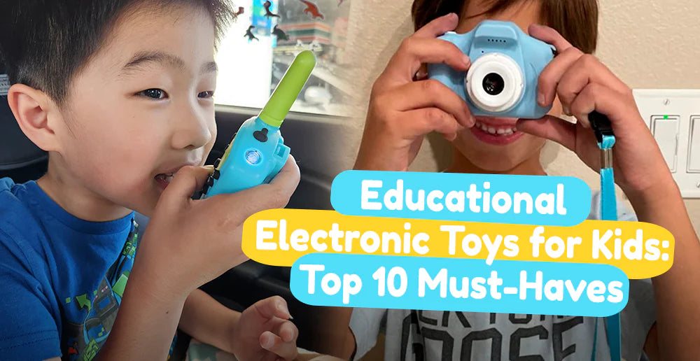 Two children playing with educational electronic toys including a blue walkie talkie and a blue kids camera, promoting creativity and brain development.