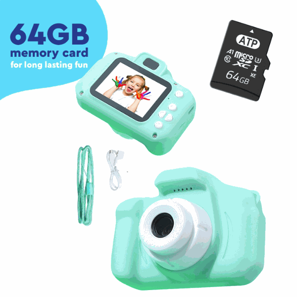 LittleLens Kids Camera with 64GB memory card, USB cable, and lanyard in mint green for children 3+ years.