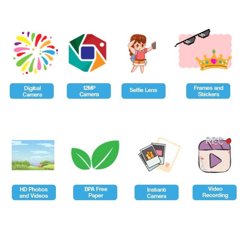 Kid Instant Print Camera features digital 12MP camera, selfie lens, frames and stickers, HD photos and videos, BPA-free paper, instant print, and video recording.