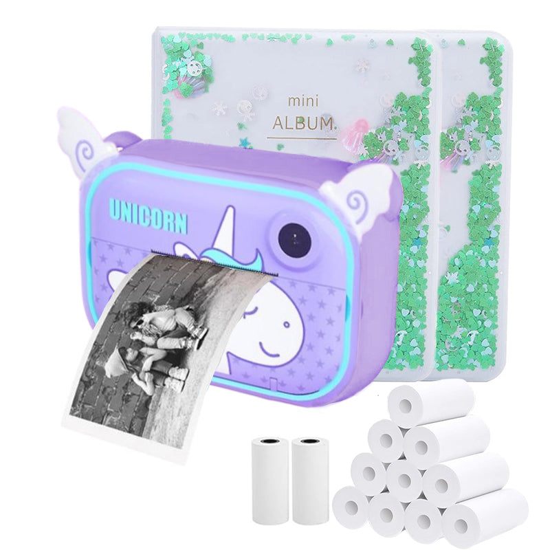 Purple unicorn themed Kid Instant Print Camera printing black and white photo with photo albums and thermal paper rolls