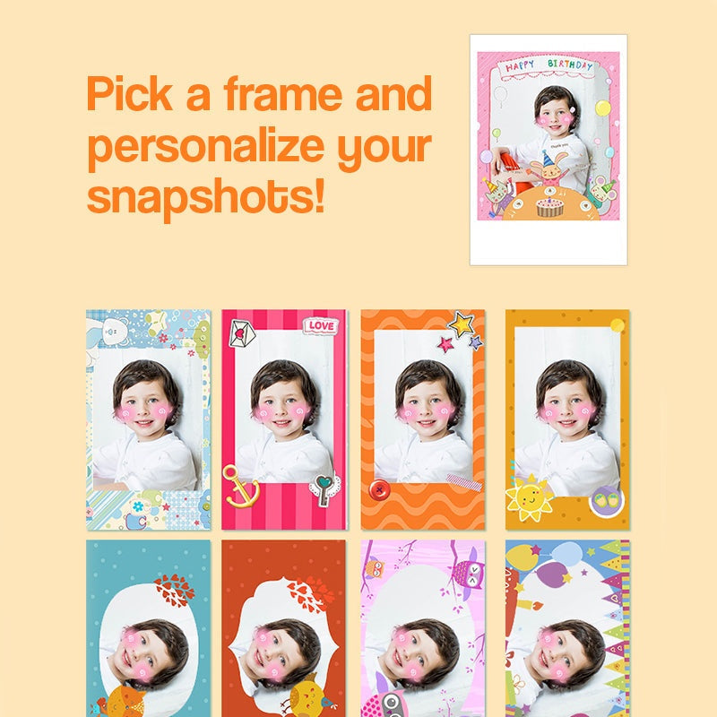 Kid Instant Print Camera customizable photo frames for kids snapshots with colorful and playful designs