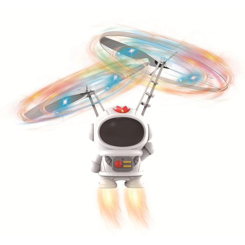 Galaxy Lights Flying Magic Orb toy with colorful spinning LED lights and astronaut design flying with rotors and flames beneath