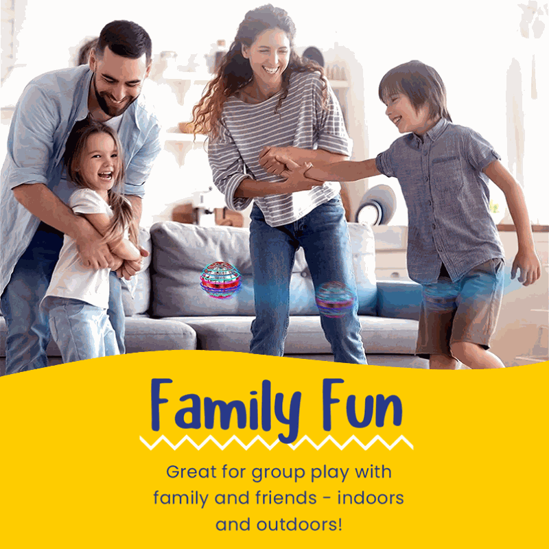 Family playing indoors with Galaxy Lights Flying Magic Orb, colorful LED flying toy for group fun and hand-eye coordination.