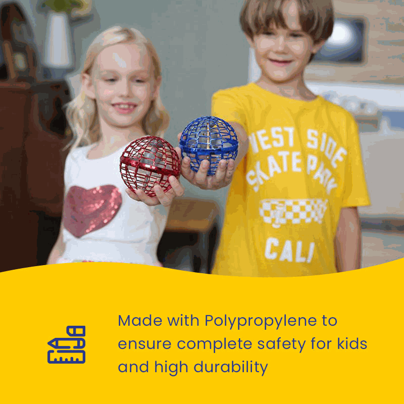 Children playing indoors with red and blue Galaxy Lights Flying Magic Orb toys, made of safe polypropylene